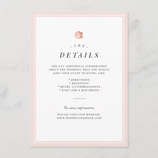 Roos goudflorale minimalistische trouwkaart informatiekaartje (Voorkant)