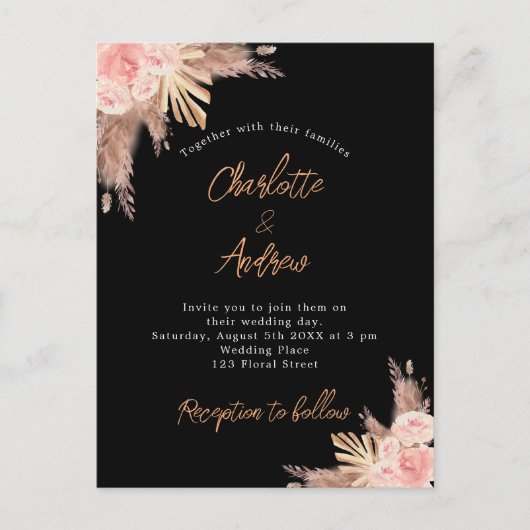 Roos goudflorals boho uitnodiging briefkaart (Voorkant)