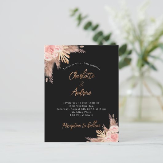 Roos goudflorals boho uitnodiging briefkaart (Staand voorkant)