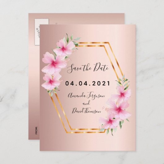 Roos goudflorals bruiloft Bespaar op datum Aankondigingskaart (Voorkant / Achterkant)