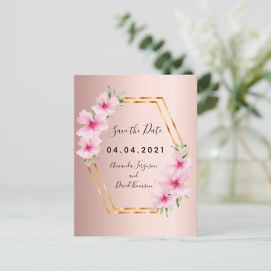 Roos goudflorals bruiloft Bespaar op datum Aankondigingskaart (Staand voorkant)