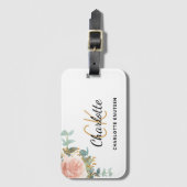 Roos goudflore witte monogram naam bagagelabel (Voorkant (verticaal))