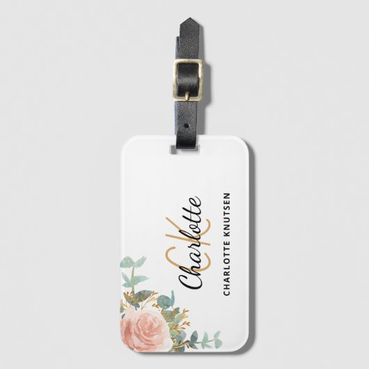 Roos goudflore witte monogram naam bagagelabel (Voorkant (verticaal))