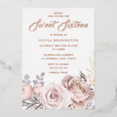 Roos goudfolie Blush Flowers Sweet 16 Party Folie Uitnodiging (Voorkant)