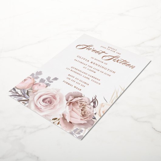 Roos goudfolie Blush Flowers Sweet 16 Party Folie Uitnodiging (Gedraaid)