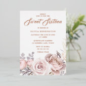 Roos goudfolie Blush Flowers Sweet 16 Party Folie Uitnodiging (Staand Voorkant)