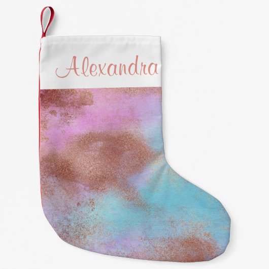 Roos goudfolie en blauw roze pastel Waterverf Kleine Kerstsok (Voorkant)