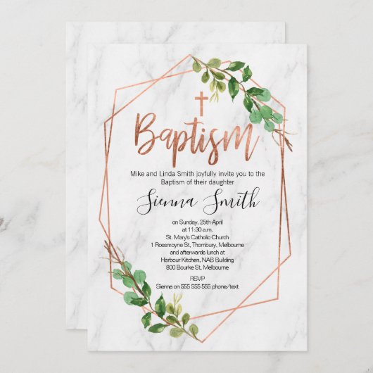 Roos goudfolie en marmer baptisme-uitnodiging kaart (Voorkant / Achterkant)