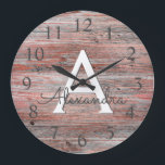 Roos goudfolie en rustiek houtmonogram grote klok<br><div class="desc">Roos Gold Foil en Rustic Wood Monogram Naam en Initiaal serveren wandklok. De Wall Clock is het perfecte cadeau voor iemand die houdt van roze rozengoudfolie en rustiek hout.</div>