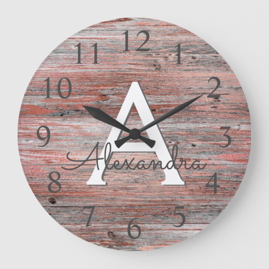 Roos goudfolie en rustiek houtmonogram grote klok (Voorkant)