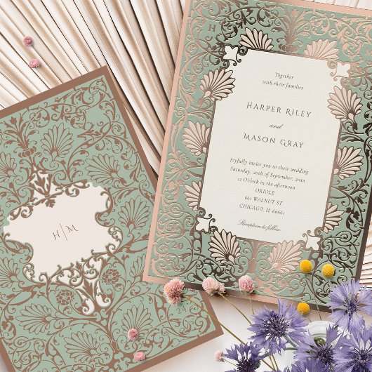 Roos Goudfolie en Sage Barok Bruiloft Folie Uitnodiging