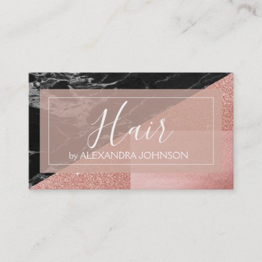 Roos goudfolie en zwart marmeren haarstylist visitekaartje (Voorkant)