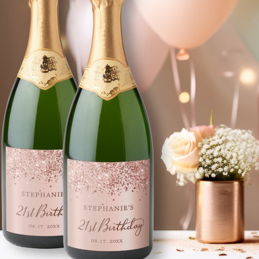 Roos Goudfolie Glitter 21e Verjaardag Monogram Sparkling Wijnetiket