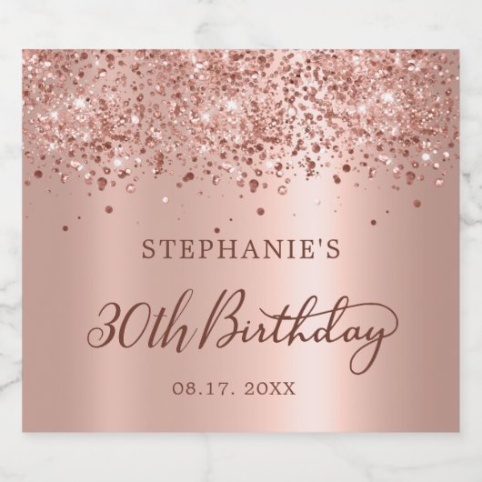 Roos Goudfolie Glitter 30e Verjaardag Monogram Sparkling Wijnetiket (Enkel label)