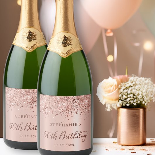 Roos Goudfolie Glitter 50e Verjaardag Monogram Sparkling Wijnetiket