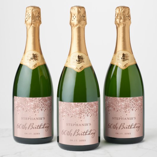 Roos Goudfolie Glitter 60e Verjaardag Monogram Sparkling Wijnetiket (Flessen)