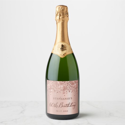 Roos Goudfolie Glitter 60e Verjaardag Monogram Sparkling Wijnetiket (Voorkant)