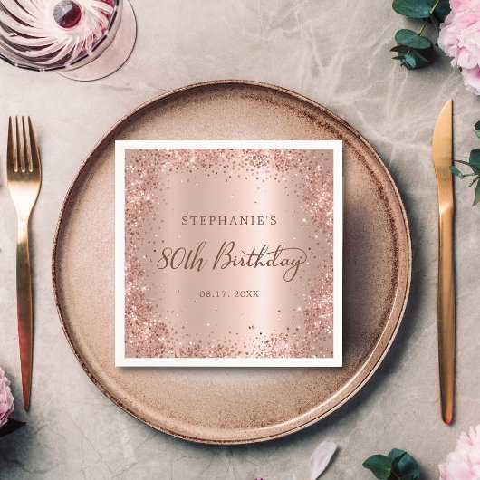 Roos Goudfolie Glitter 80e Verjaardag Monogram Servet