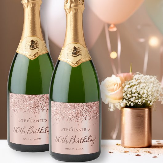 Roos Goudfolie Glitter 80e Verjaardag Monogram Sparkling Wijnetiket