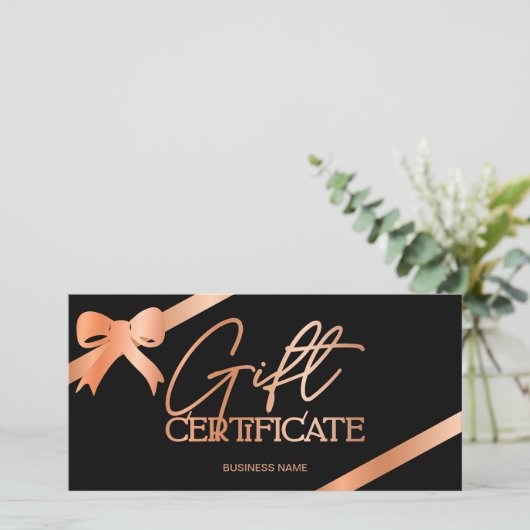 Roos goudfolie lint zwarte logo cadeaubon (Staand voorkant)