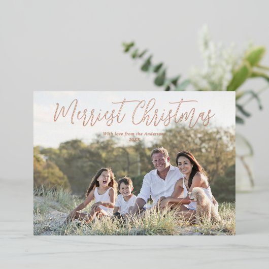 Roos goudfolie Merriest Merry Kerstelegant Folie Feestdagenkaart (Staand Voorkant)