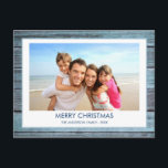 Roos goudfolie - Navy Blue Christmas Feestdagenkaart<br><div class="desc">Rustieke Blue Wood Coastal Beach Familie Foto Kerstvakantie Kaart. Het afbeelding en de familienaam kunnen worden vervangen op dit eenvoudige strand of kustvakantie kerstkaart.</div>