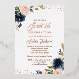 ROOS GOUDFOLIE Navy Blush Bloemen Tiara Sweet 16 Folie Uitnodiging