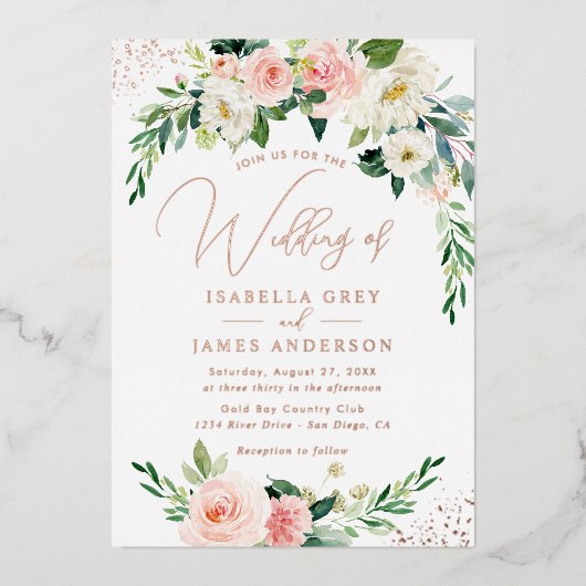 ROOS GOUDFOLIE Roze Bloemen Huwelijk Folie Uitnodiging (Voorkant)