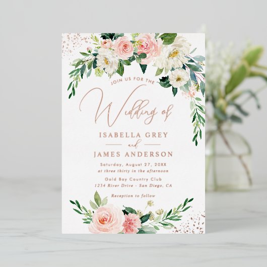 ROOS GOUDFOLIE Roze Bloemen Huwelijk Folie Uitnodiging (Staand Voorkant)