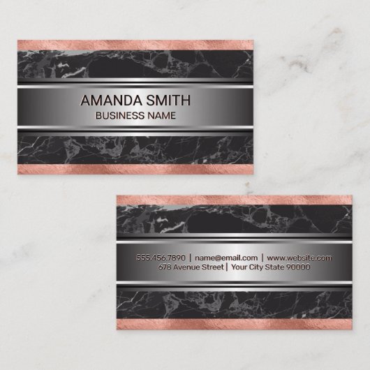 Roos goudfolie trim | Zwart marmer zilver metallic Visitekaartje (Voorkant / Achterkant)