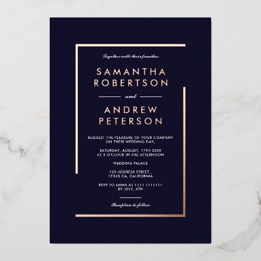 Roos goudgeometrische lijsten foto bruiloft folie uitnodiging (Voorkant)