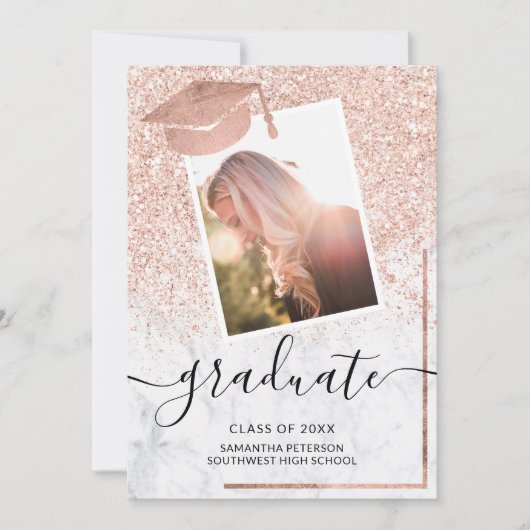 Roos goudglitter afstuderen foto pet afstuderen kaart (Voorkant)