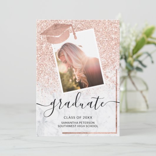 Roos goudglitter afstuderen foto pet afstuderen kaart (Staand voorkant)