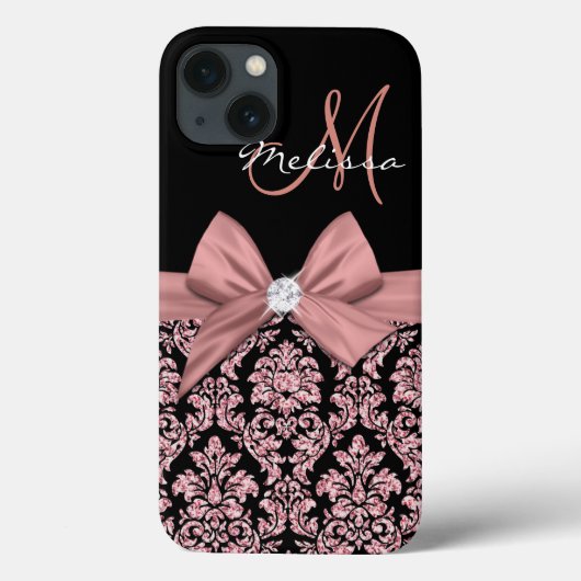 Roos goudglitter Black Damask, Bow, Diamond Case-Mate iPhone Case (Achterkant)