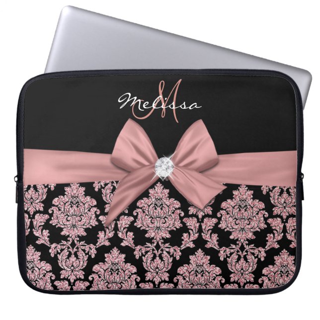 Roos goudglitter Black Damask, Bow, Diamond Laptop Sleeve (Voorkant)