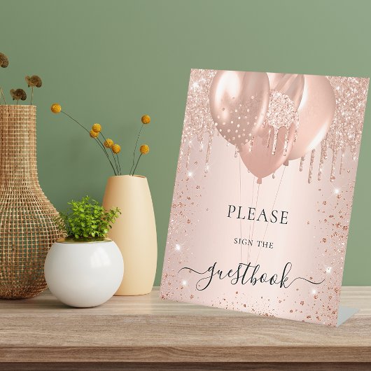Roos goudglitter blush glitter gastenboek reclamebord met voetstuk