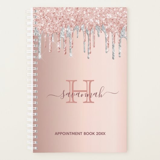 Roos goudglitter blush zilvermonogram planner (Voorkant)