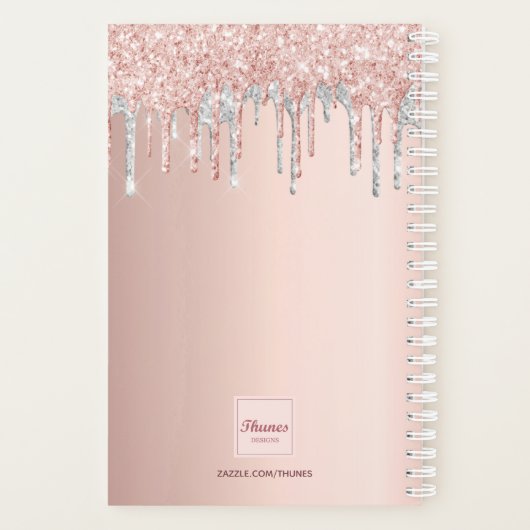 Roos goudglitter blush zilvermonogram planner (Achterkant)