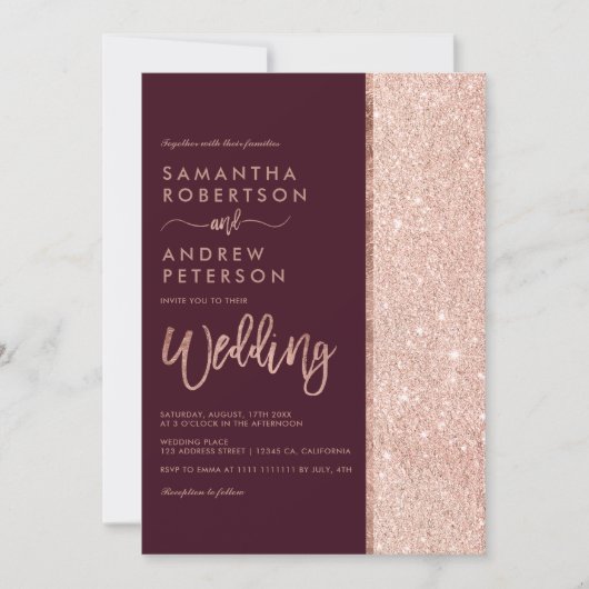Roos goudglitter burgundy kleurenblok bruiloft kaart (Voorkant)