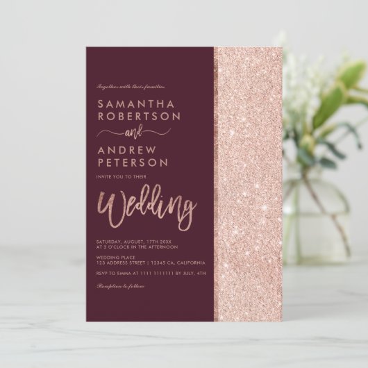 Roos goudglitter burgundy kleurenblok bruiloft kaart (Staand voorkant)