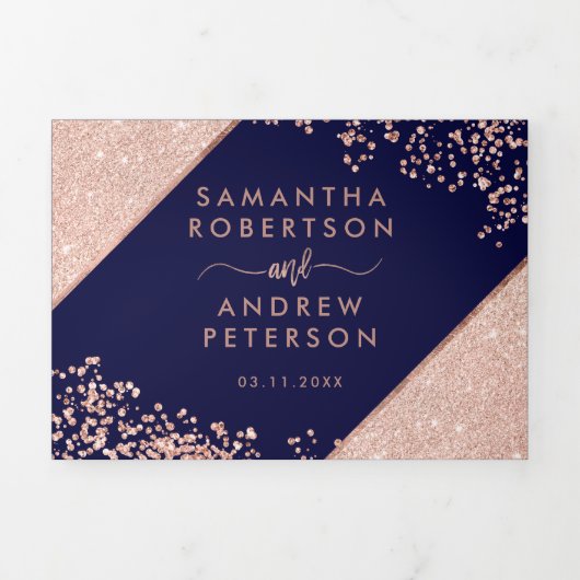 Roos goudglitter confetti navy blue bruiloft drieluik uitnodiging (Cover)