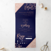 Roos goudglitter confetti navy blue bruiloft drieluik uitnodiging (Binnen)