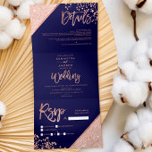 Roos goudglitter confetti navy blue bruiloft drieluik uitnodiging