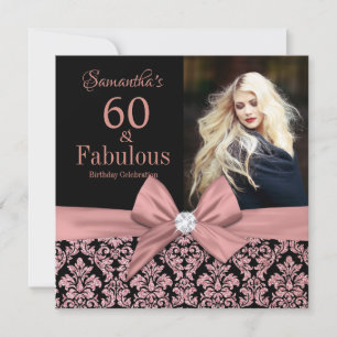Roos goudglitter damask 60th Birthday Invitation Kaart