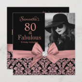 Roos goudglitter damask 80th Birthday Invitation Kaart (Voorkant / Achterkant)