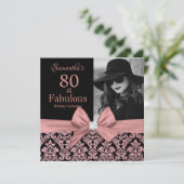 Roos goudglitter damask 80th Birthday Invitation Kaart (Staand voorkant)