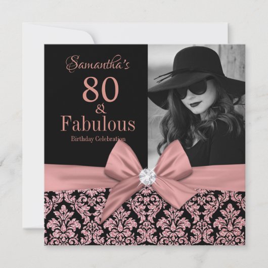 Roos goudglitter damask 80th Birthday Invitation Kaart (Voorkant)