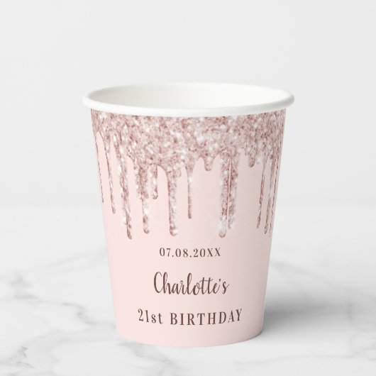 Roos goudglitter drift monogram papieren bekers (Achterkant)