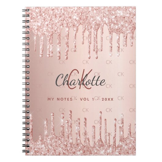 Roos goudglitter drip monogram notitieboek (Voorkant)
