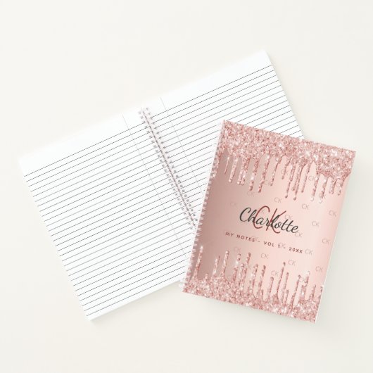 Roos goudglitter drip monogram notitieboek (Binnen)